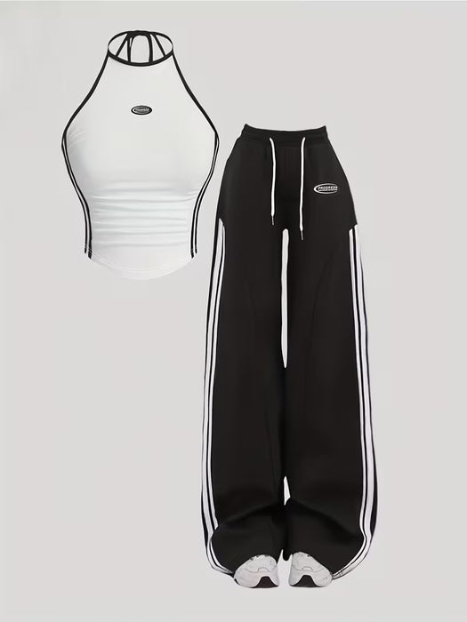 2pcs Conjunto de Camiseta Ajustada y Pantalón Ancho para Mujer