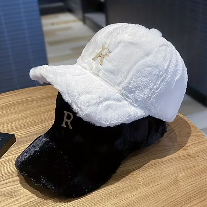 Gorra de béisbol de felpa moderna para mujer, con un diseño de letra R de moda