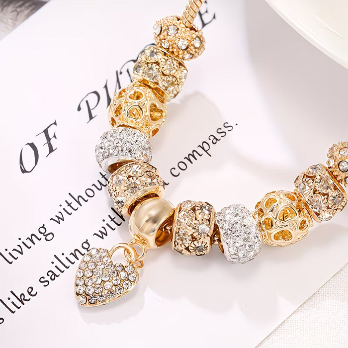 1pc Pulsera Elegante de Tono Dorado con Cuentas de Cristal y Colgante de Corazón