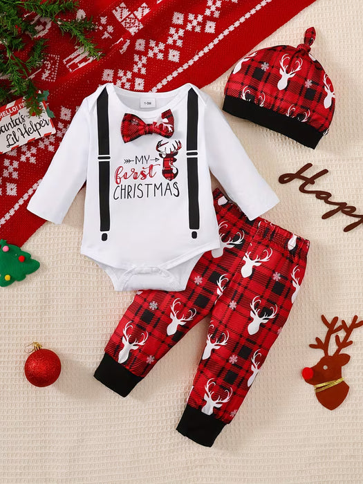 Conjunto de camiseta manga larga, gorro y pantalón con estampado festivo para niños