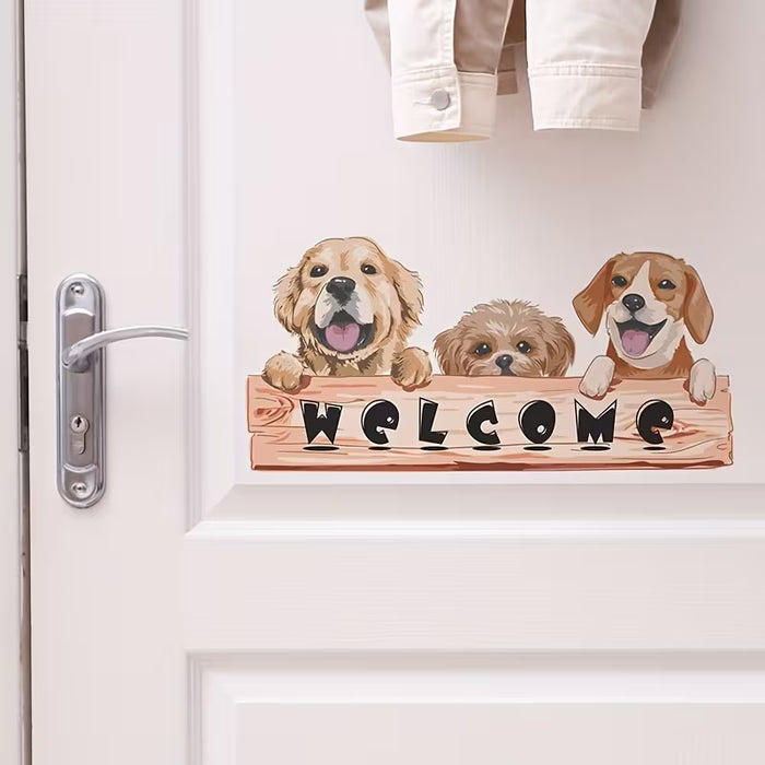 Adhesivo De Puerta Con Lema En Ingles, WELCOME, Lindo Cachorro
