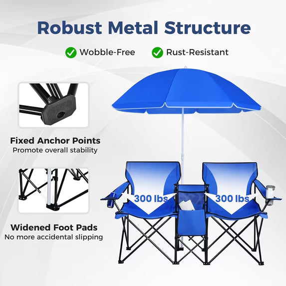 Silla doble de camping con sombrilla, plegables de dos plazas con toldo