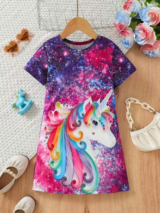 Vestido de Verano para Niñas con Estampado de Unicornio Tie-Dye