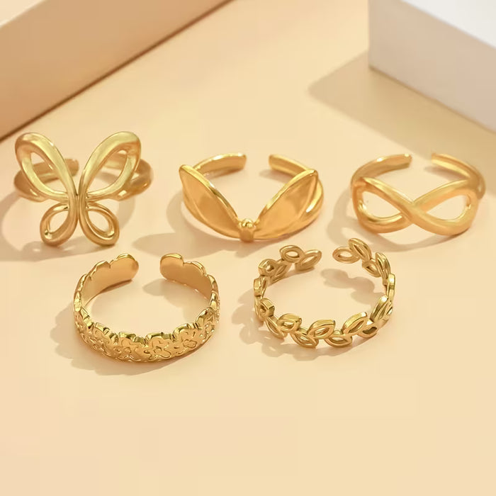 Juego de 5 Anillos con Forma de Flor y Corazón Ajustable, para mujer