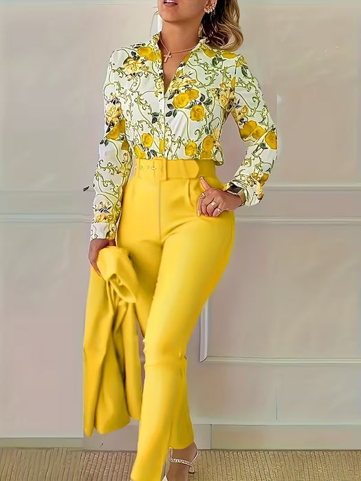 Conjunto Elegante de Blusa con Escote en V y Pantalóns Ajustado con Cinturón