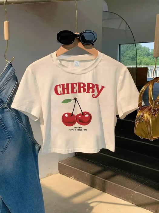 Camiseta Corta de Mujer Y2K Nueva Moda , Estampado de Cereza Dulce