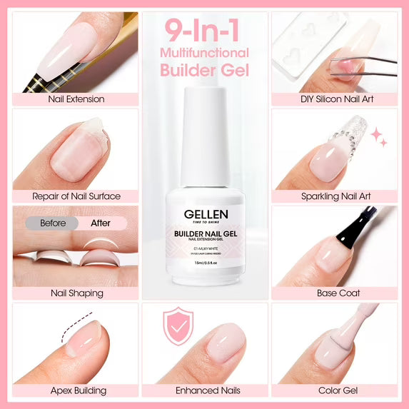 Gel constructor de uñas Gellen, 9 en 1, gel milky white