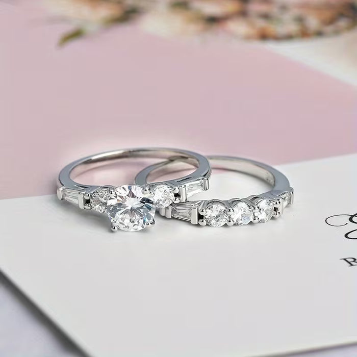 Anillo elegante brillante de 2 piezas para mujeres, anillo de compromiso y boda