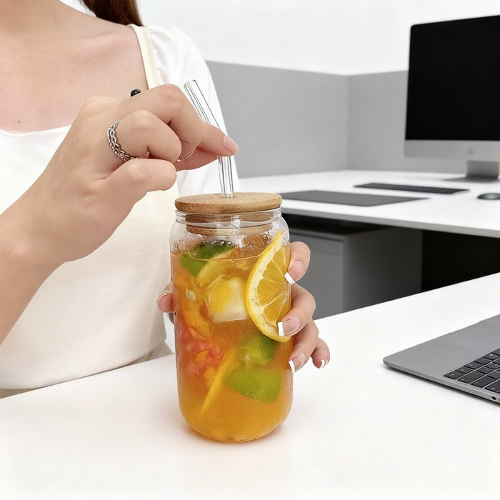 Juego de 1 vaso de vidrio de 350ml con pajita de vidrio y tapa de bamboo