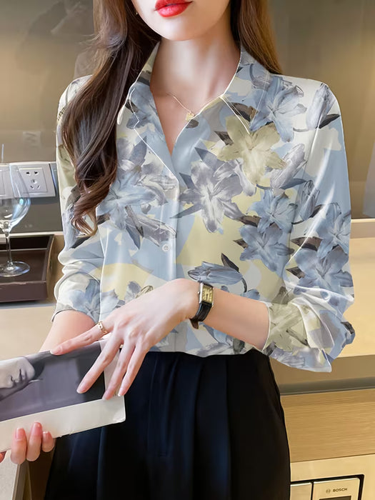 Elegante Camisa con Estampado Floral Azul y Blanco, Botones al Frente para mujer