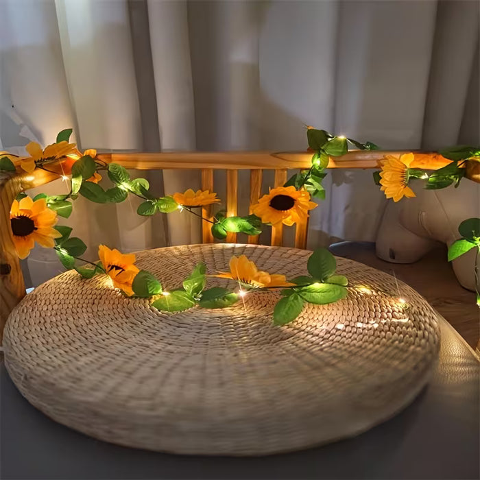 1 Guirnalda de Girasol Artificial Bohemio |20 Luces LED con Hojas Verdes 2m