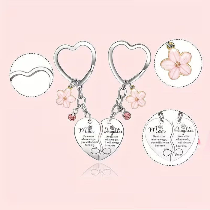 2 piezas de llaveros con corazón colgante de flores y diamantes de imitación - "Mamá" y "Hija"