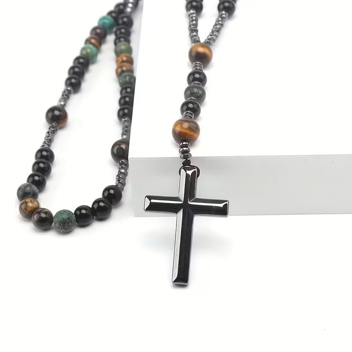 Collar vintage para hombre con cuentas naturales, que incluye ojo de tigre