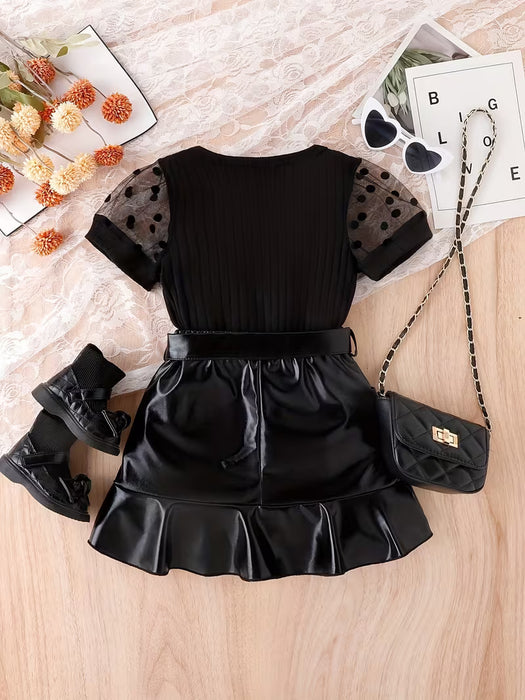 Estilo Picante de Verano para Niñas Top de Malla con Mangas de Lunares y Falda