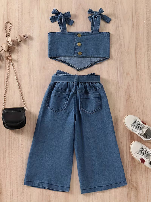 Conjunto de Denim para Niñas: Top Corto con Tirantes + Pantalones de Denim con Abertura y Cinturón