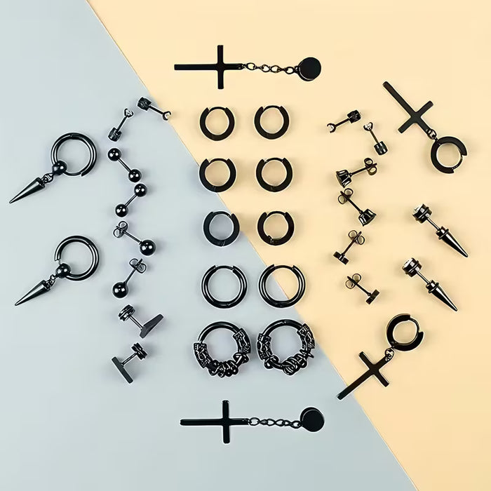 32 Pendientes para Hombre en Acero Inoxidable - Aro estilo Punk, colgante cruz