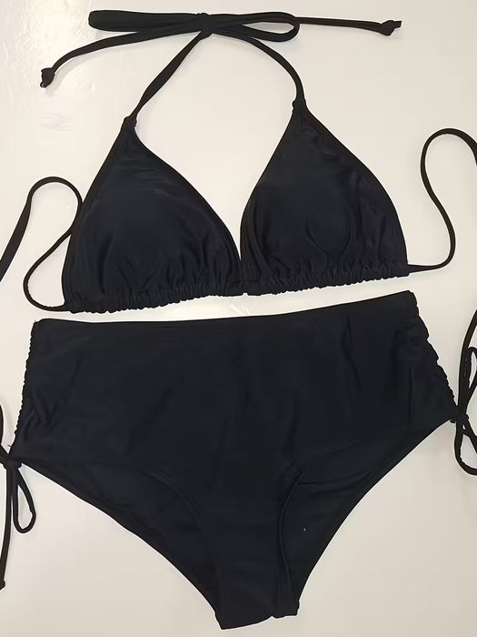 Conjunto de bikini de 2 piezas, Traje de baño sin espalda con tiras y cintura alta de mujer