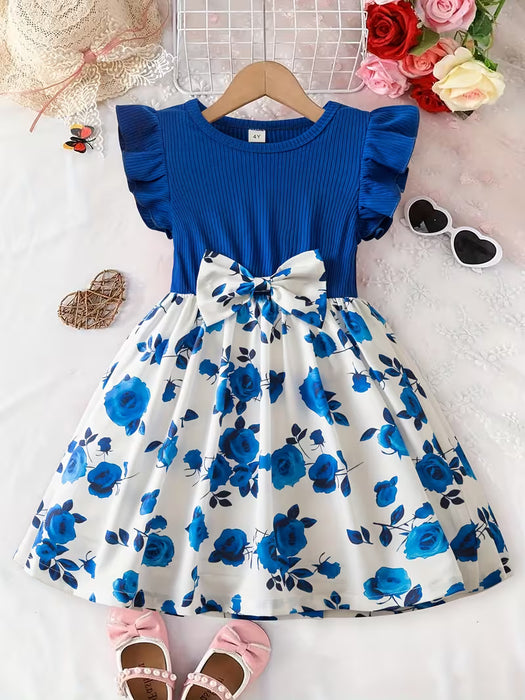 Vestido de moda para niña con patchwork floral de rosas y mangas con volantes