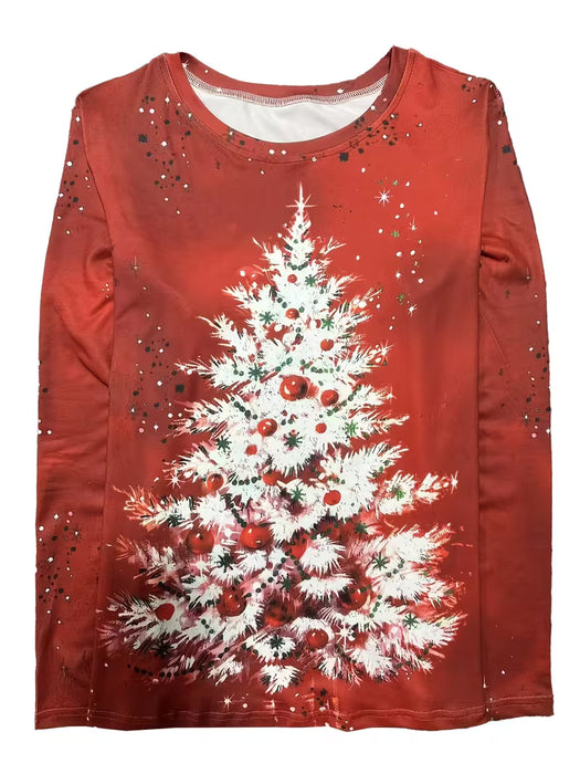 Camiseta larga de moda con cuello redondo y estampado digital de patrones de árboles