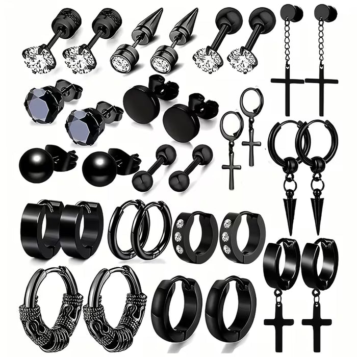 32 Pendientes para Hombre en Acero Inoxidable - Aro estilo Punk, colgante cruz
