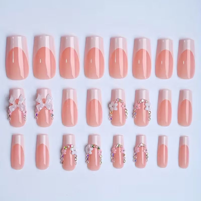 24 piezas uñas postizas de cobertura total con diseño de lazo 3D para mujer