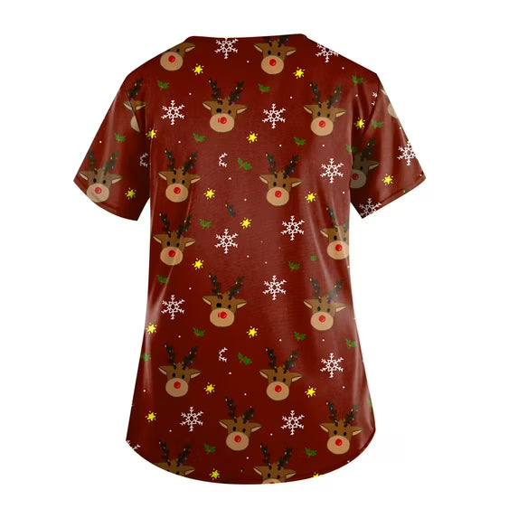 Blusa de uniforme médico de manga corta con estampado de copos de nieve
