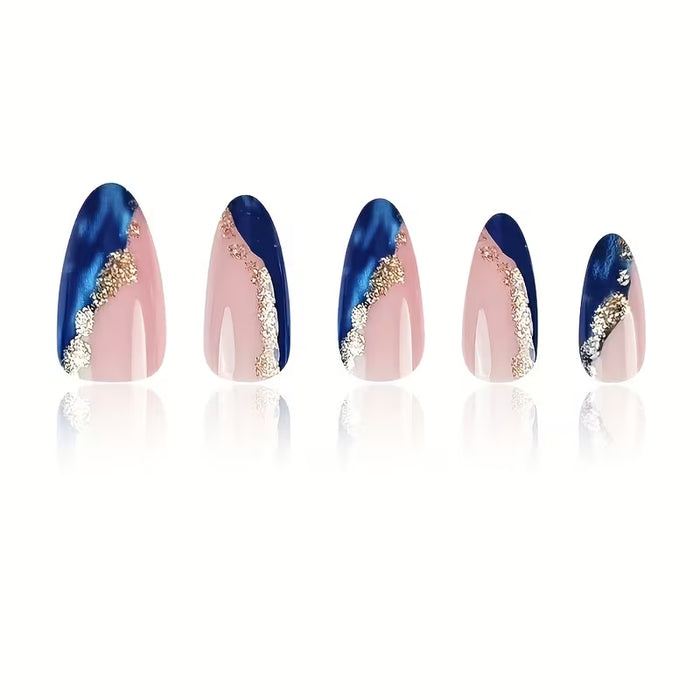 24 uñas postizas almendradas brillantes - Diseño azul y dorado a rayas