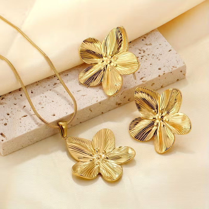 3 Piezas de Acero Inoxidable Juego de Collar y Aretes de Lujo con Diseño Floral
