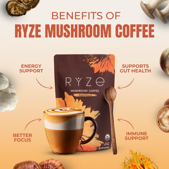 RYZE SUPERFOODS Café con sabor a champiñones, tostado medio, orgánico certificado por el USDA, con 6 hongos adaptógenos