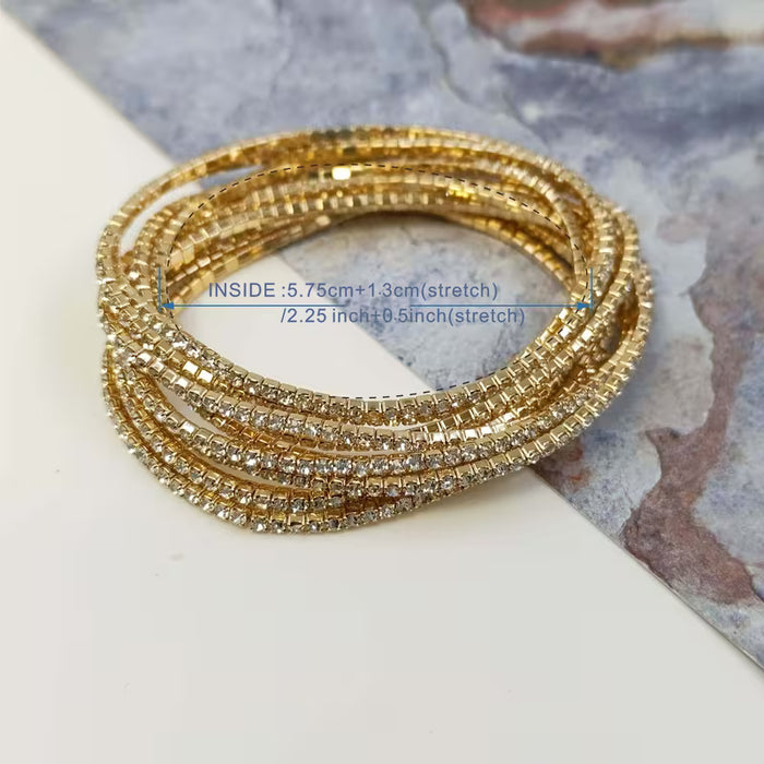9pcs Pulseras Elásticas De Diamantes De Imitación Exquisitas, Pulsera Brillante Dorado