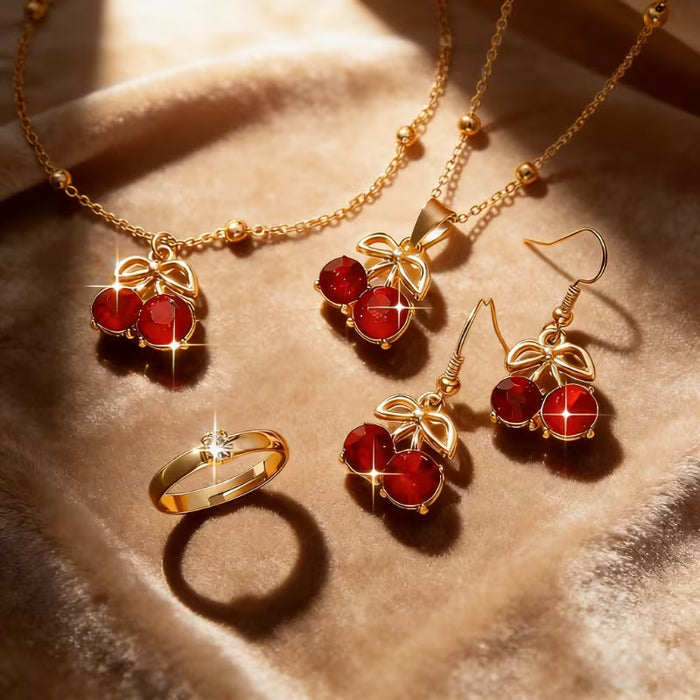 Set de Joyería de Cerezas Rojas 4 piezas Collar Aretes Pulsera Anillo