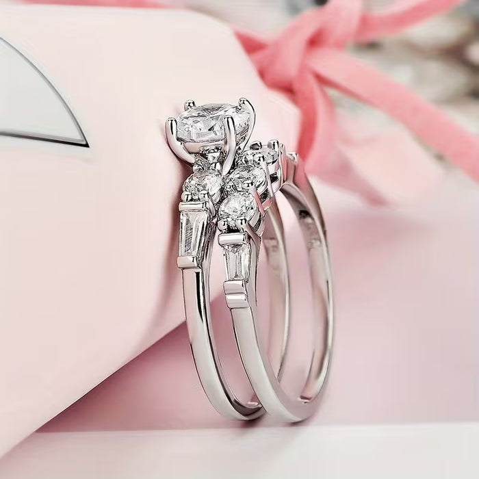 Anillo elegante brillante de 2 piezas para mujeres, anillo de compromiso y boda