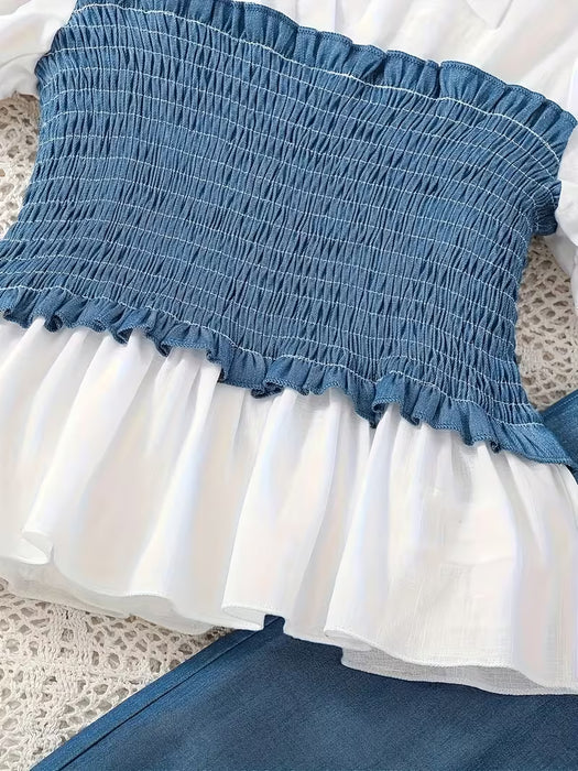 Conjunto de 2 piezas para niña con camisa de cuello con muescas y pantalón de pierna ancha