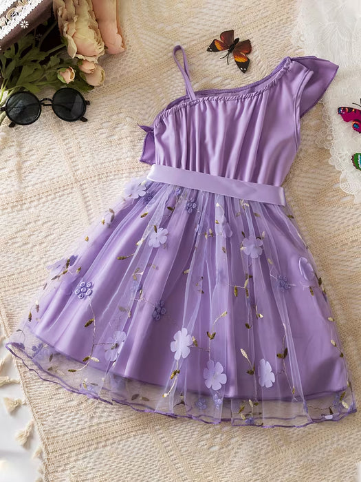 Vestido de malla floral dulce para niña es sin mangas y cuenta con decoraciones de flores 3D