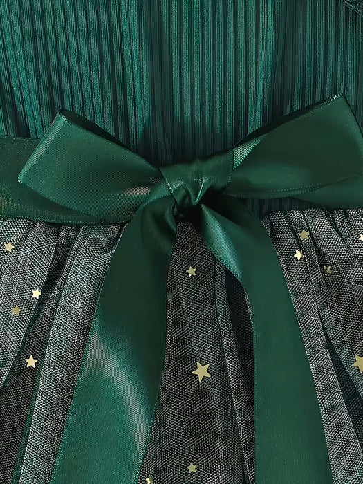 Vestido para niñas, estilo vintage elegante, con lentejuelas estrelladas, malla, volantes y dobladillo
