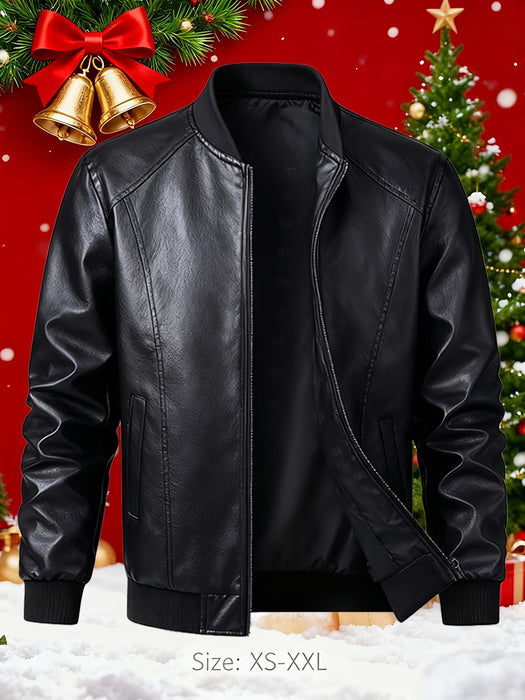 Chaqueta Bomber de Cuero PU para Hombre Twilight Mountain Cuello Alto con Cierre de Cremallera
