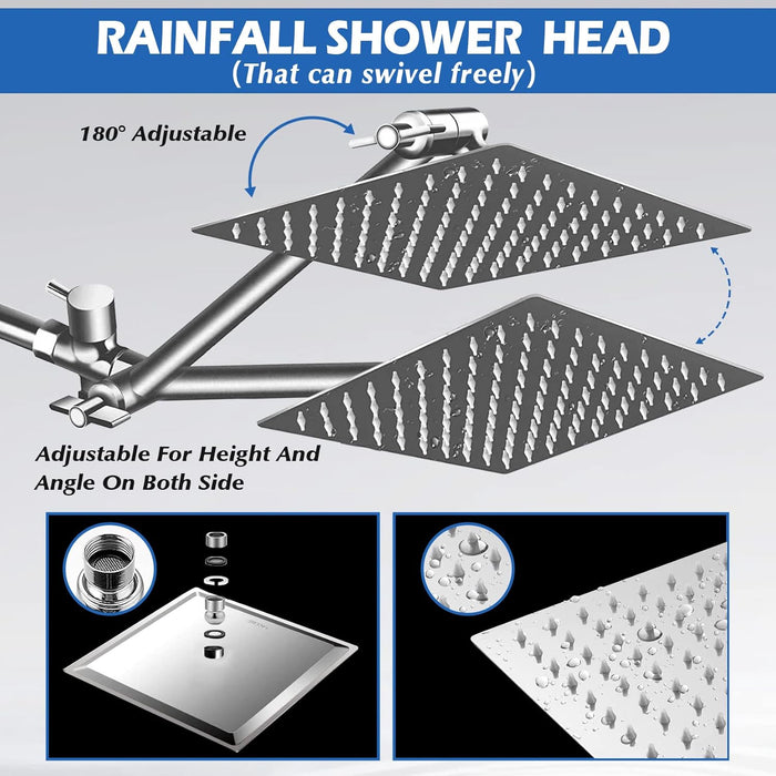 Cabezal de ducha tipo lluvia de 8 pulgadas con rociador de mano y brazo de extensión ajustable - Quierox - Tienda Online