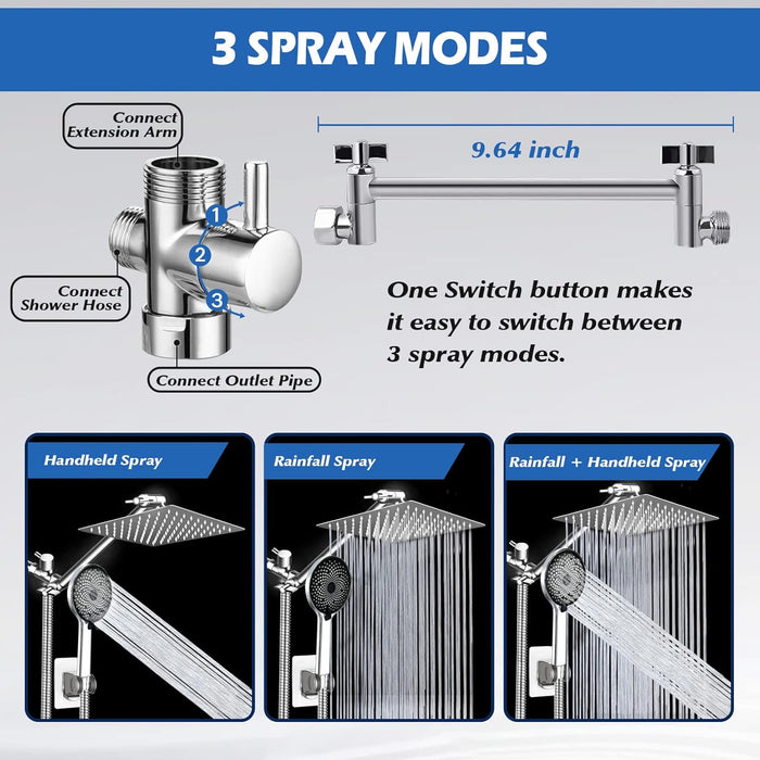 Cabezal de ducha tipo lluvia de 8 pulgadas con rociador de mano y brazo de extensión ajustable - Quierox - Tienda Online