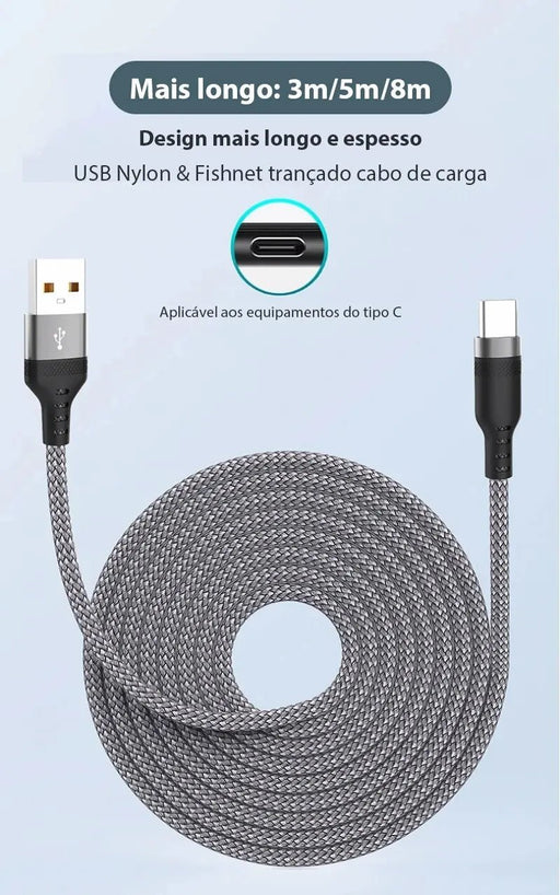 Cable de carga supercargado USB Android 5A tipo C extendido de 5 metros adecuado para Huawei, Xiaomi, Vivo y Leeco - Quierox - Tienda Online