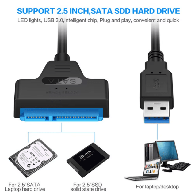 Cable SATA a USB 3.0 de hasta 6 Gbps para disco duro externo HDD SSD de 22cm - Quierox - Tienda Online