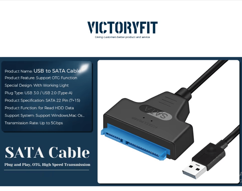 Cable SATA a USB 3.0 de hasta 6 Gbps para disco duro externo HDD SSD de 22cm - Quierox - Tienda Online