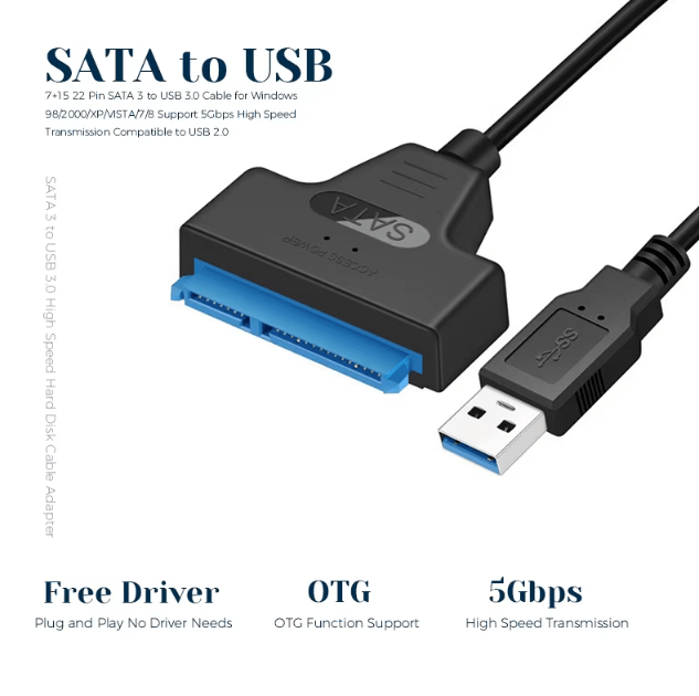 Cable SATA a USB 3.0 de hasta 6 Gbps para disco duro externo HDD SSD de 22cm - Quierox - Tienda Online
