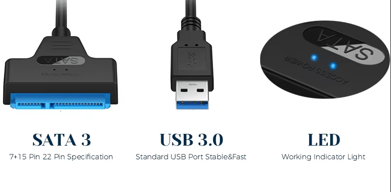 Cable SATA a USB 3.0 de hasta 6 Gbps para disco duro externo HDD SSD de 22cm - Quierox - Tienda Online