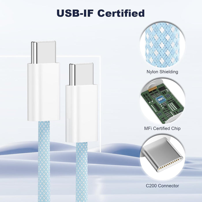 Cable USB C a USB C azul de 6 pies, de carga de nailon trenzado para iPhone - Quierox - Tienda Online