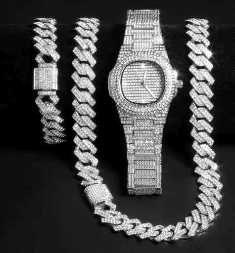 Cadena cubana plateado para hombre, estilo hip hop, collar de rapero, reloj y pulsera. - Quierox - Tienda Online