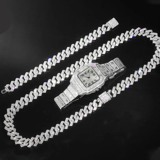 Cadena cubana plateado para hombre, estilo hip hop, collar de rapero, reloj y pulsera. - Quierox - Tienda Online