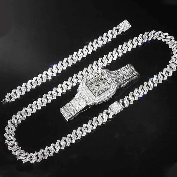 Cadena cubana plateado para hombre, estilo hip hop, collar de rapero, reloj y pulsera. - Quierox - Tienda Online