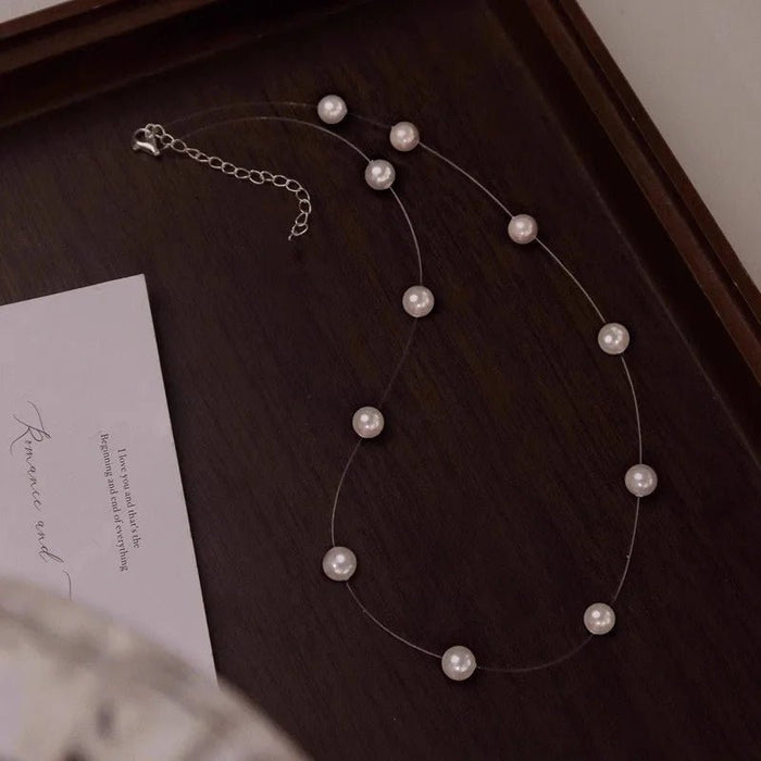Cadena de clavícula con cuentas de perlas de hilo de pescar transparente para mujer - Quierox - Tienda Online