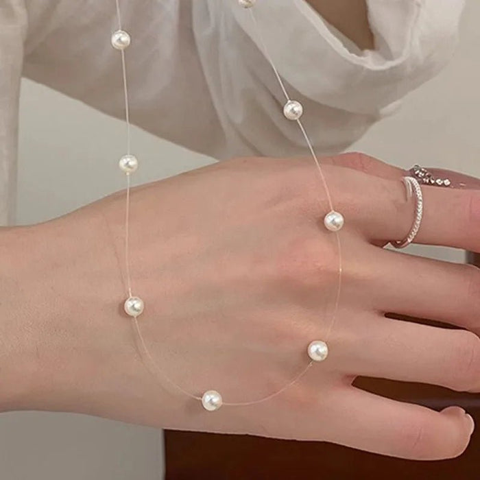 Cadena de clavícula con cuentas de perlas de hilo de pescar transparente para mujer - Quierox - Tienda Online