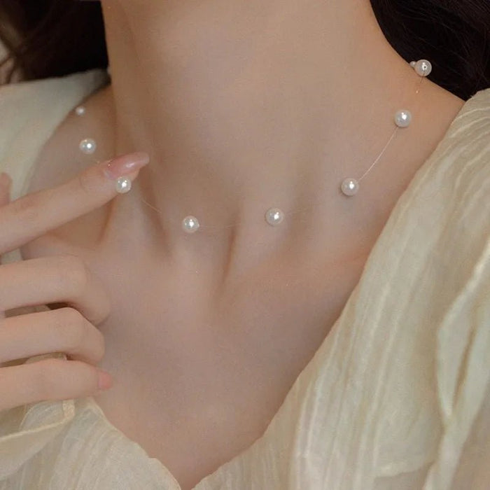 Cadena de clavícula con cuentas de perlas de hilo de pescar transparente para mujer - Quierox - Tienda Online